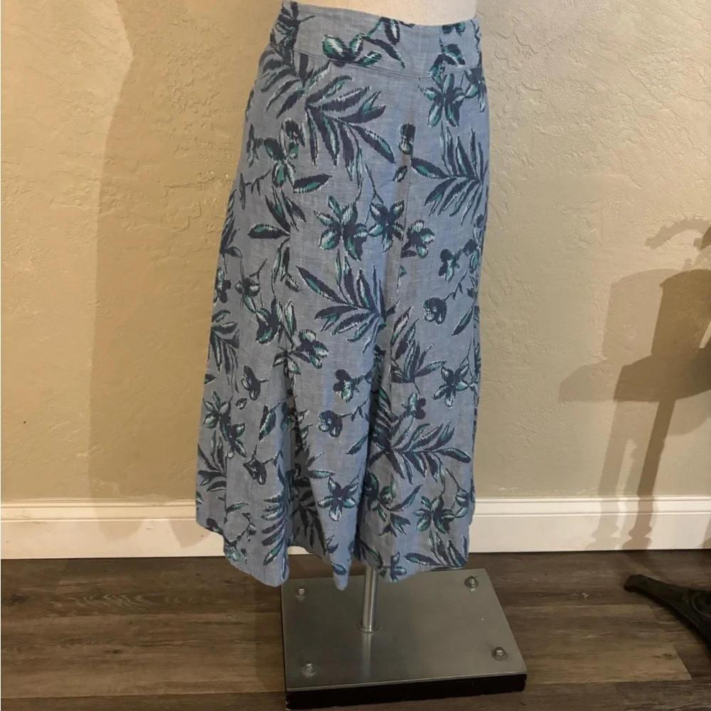 JM Collection Blue Floral Linen A-Line Midi Skirt Sz 16